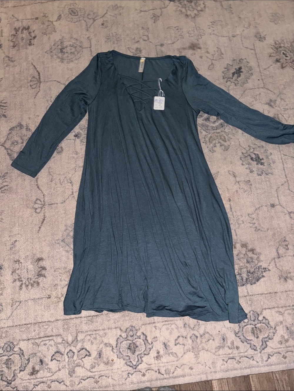 Emerald Lace-Up Long Sleeve Dress in Teal Green